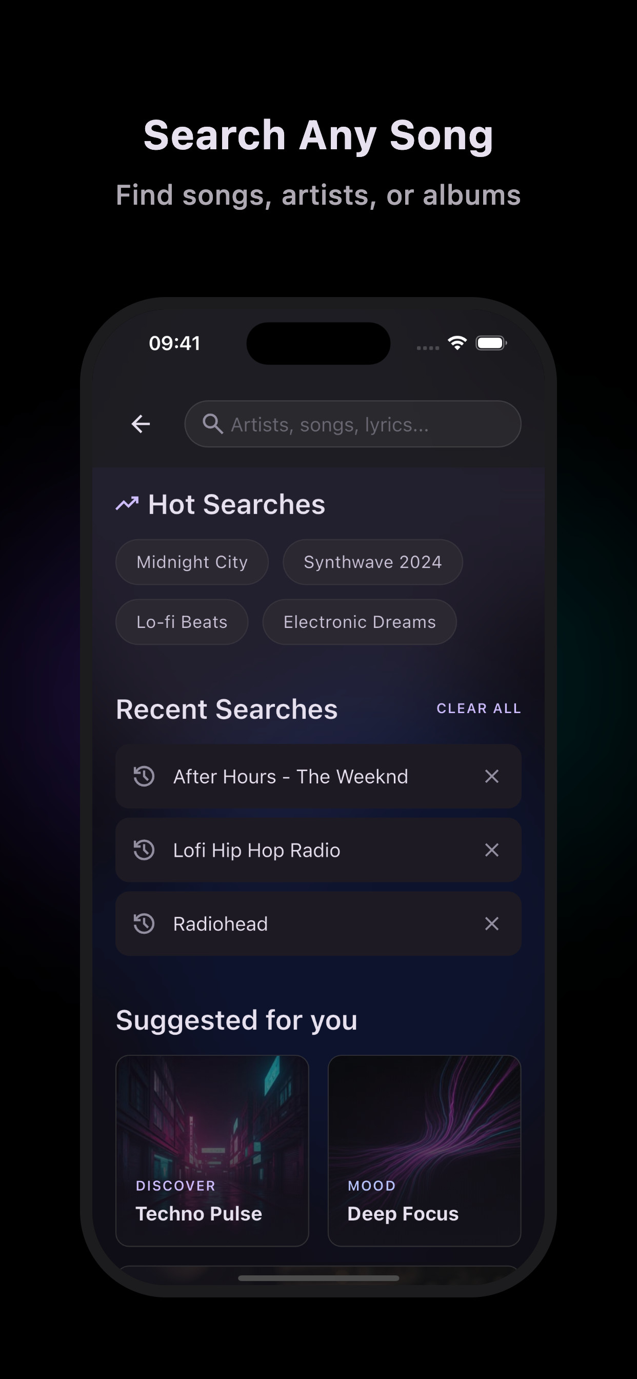 Search any song — find songs, artists, or albums
